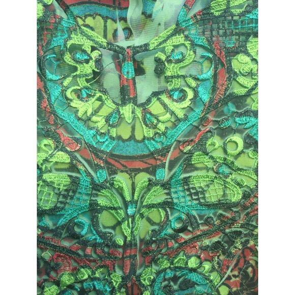 One world Womens Top Size Medium Burnout Fairy Grunge Green Brown Lace Flower - Picture 2 of 13